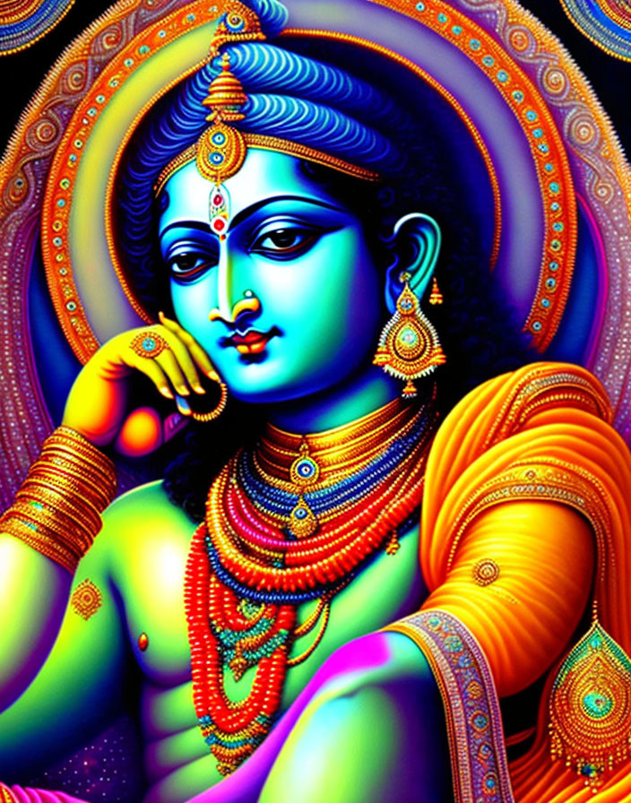 Vibrant Hindu deity art: blue skin, traditional jewelry, yellow and orange garments, ornate