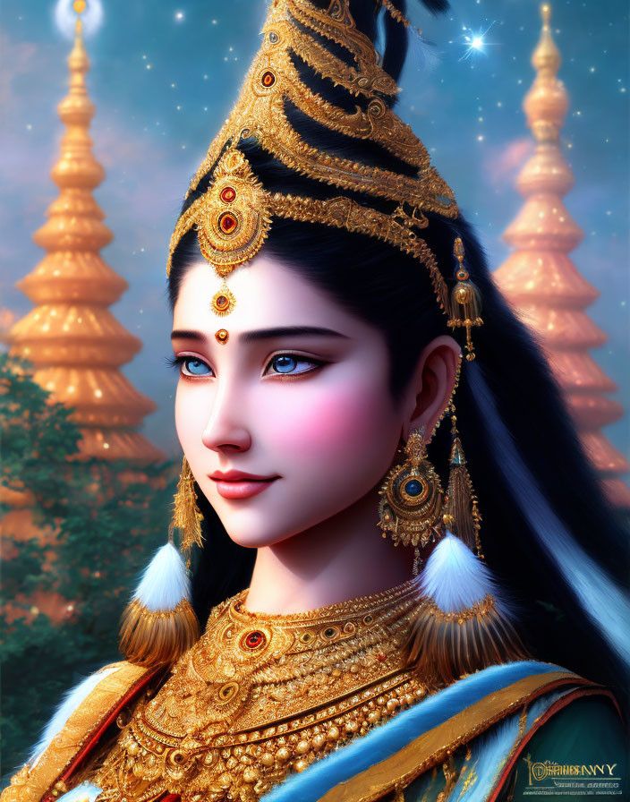 Illustration of woman in traditional attire with gold jewelry in front of ornate temples