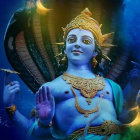 Blue-skinned figure with multiple arms and peacock feather crown in cosmic setting