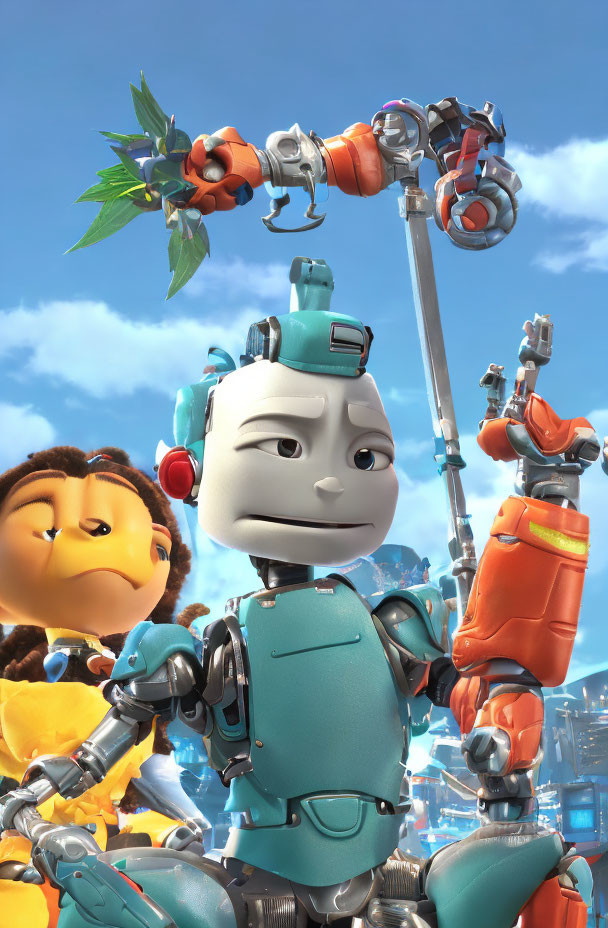 Cityscape with Animated Robots: Plant-holding, Sword-wielding, and Optimistic Child Robot