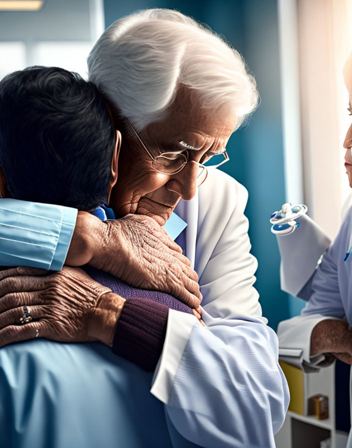 Elderly doctor comforting patient with nurse nearby