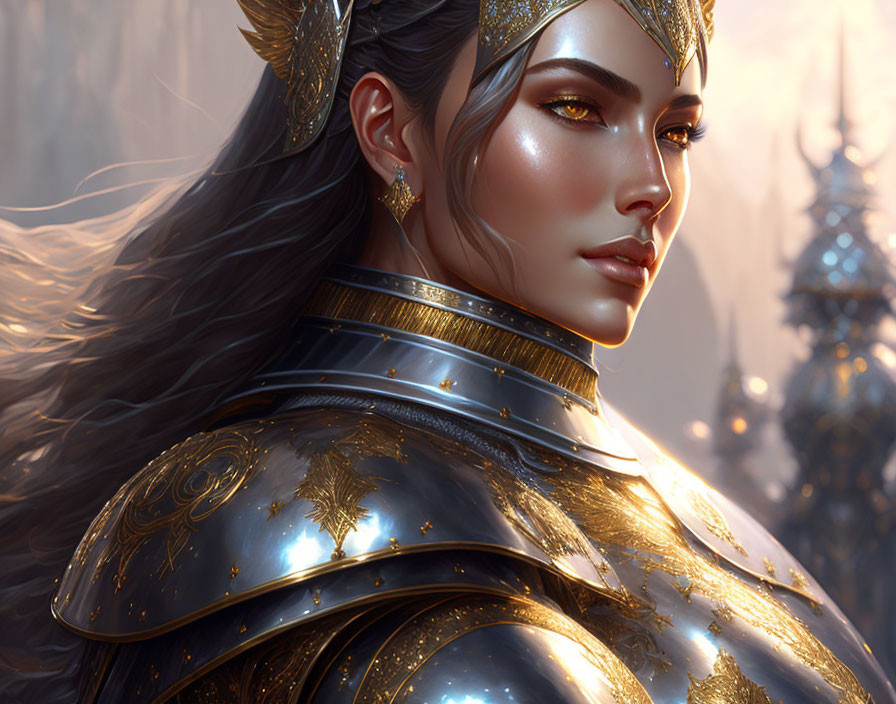 Detailed Illustration: Woman in Golden Armor with Dark Hair and Crown Headpiece