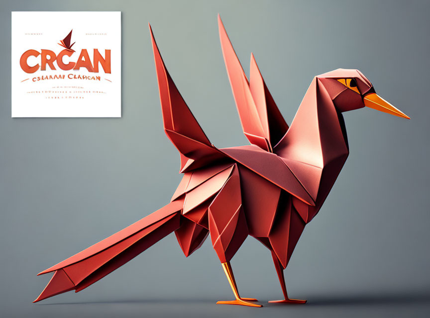 Stylized 3D origami crane with "CRCAN" logo on gray background