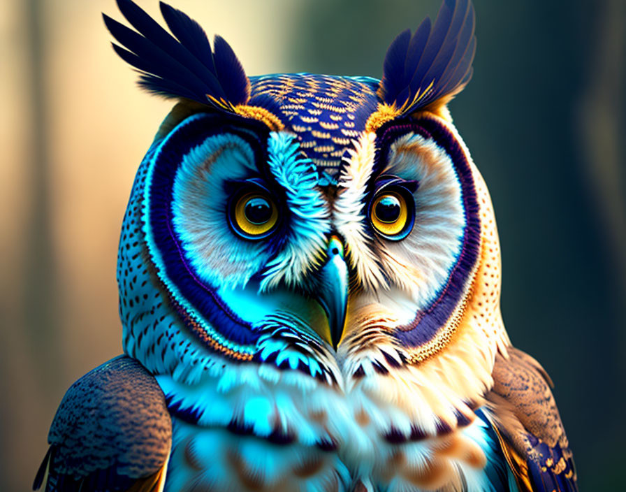 Detailed Digital Artwork: Colorful Owl with Expressive Eyes and Blue-Brown Feathers