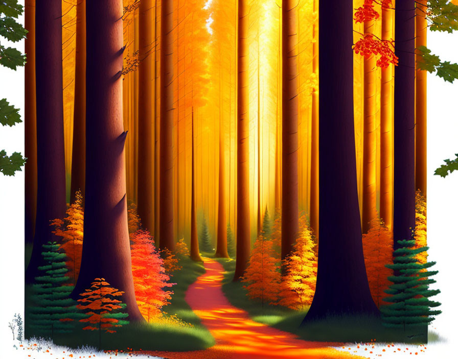 Vibrant digital artwork: Forest path with tall trees, golden sunlight, and autumn foliage.