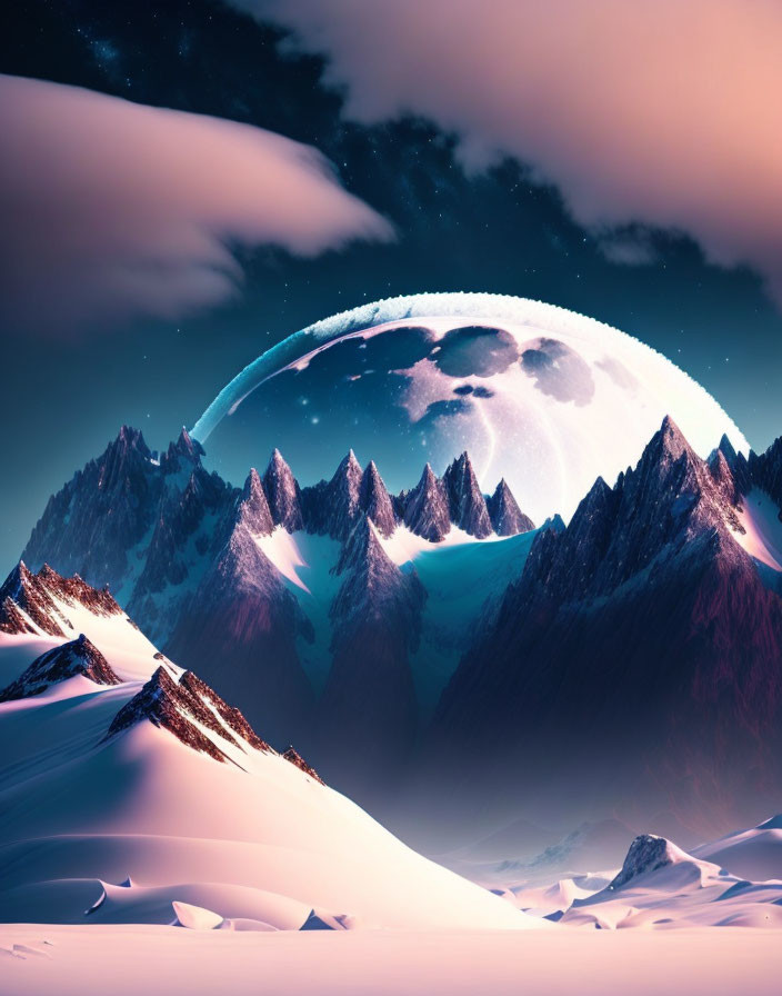 Snowy mountains under pink sky with large planet and moon.