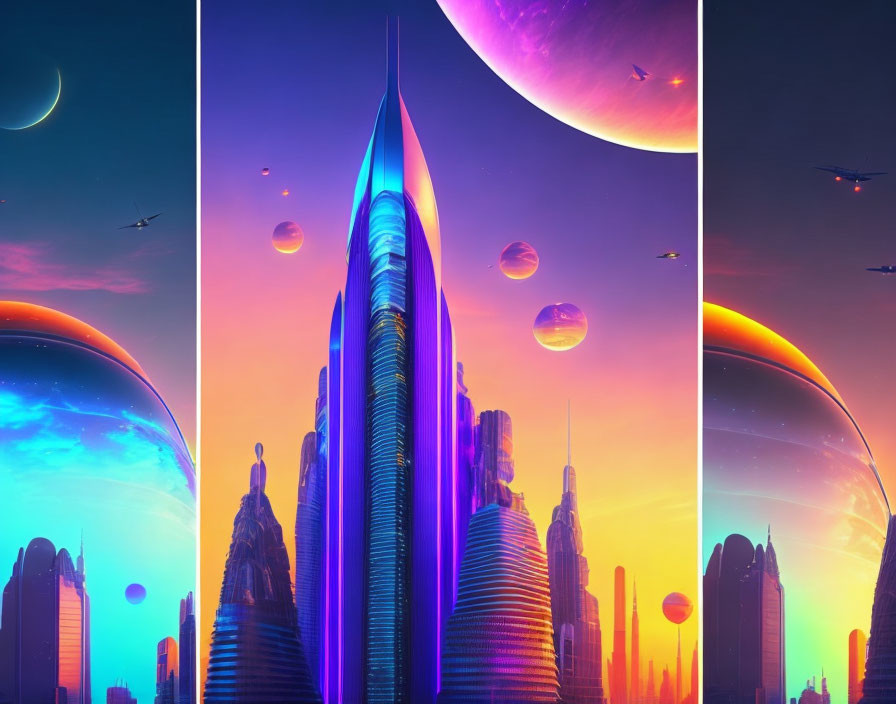 Futuristic cityscape triptych with skyscrapers, planets, and flying vehicles.