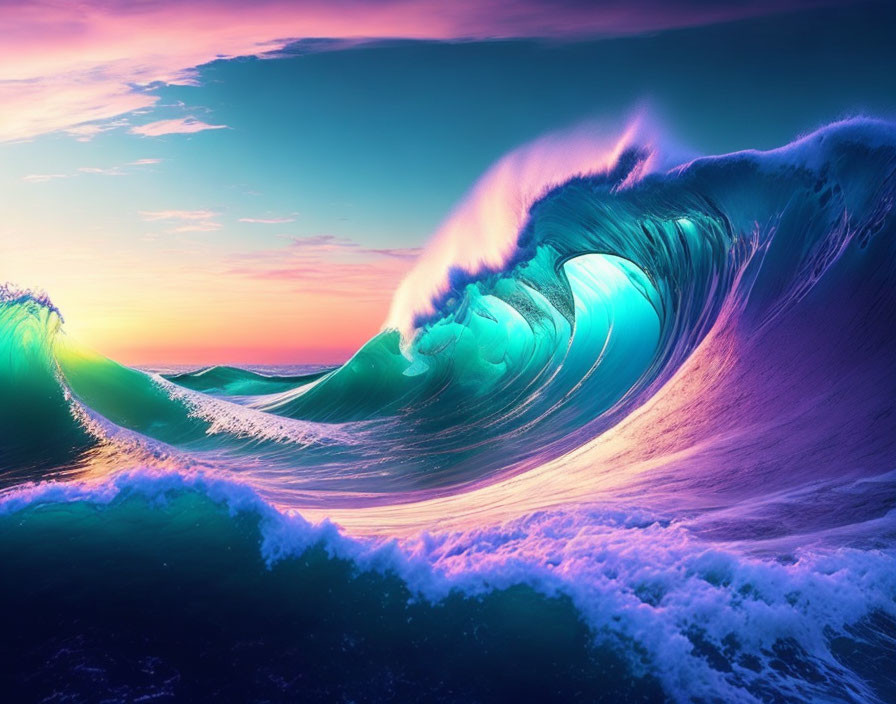 Colorful Wave Cresting at Sunset in Purple, Pink, and Turquoise