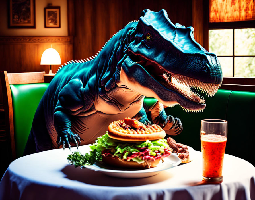 T-Rex in blue chef's hat eats hamburger with drink on table