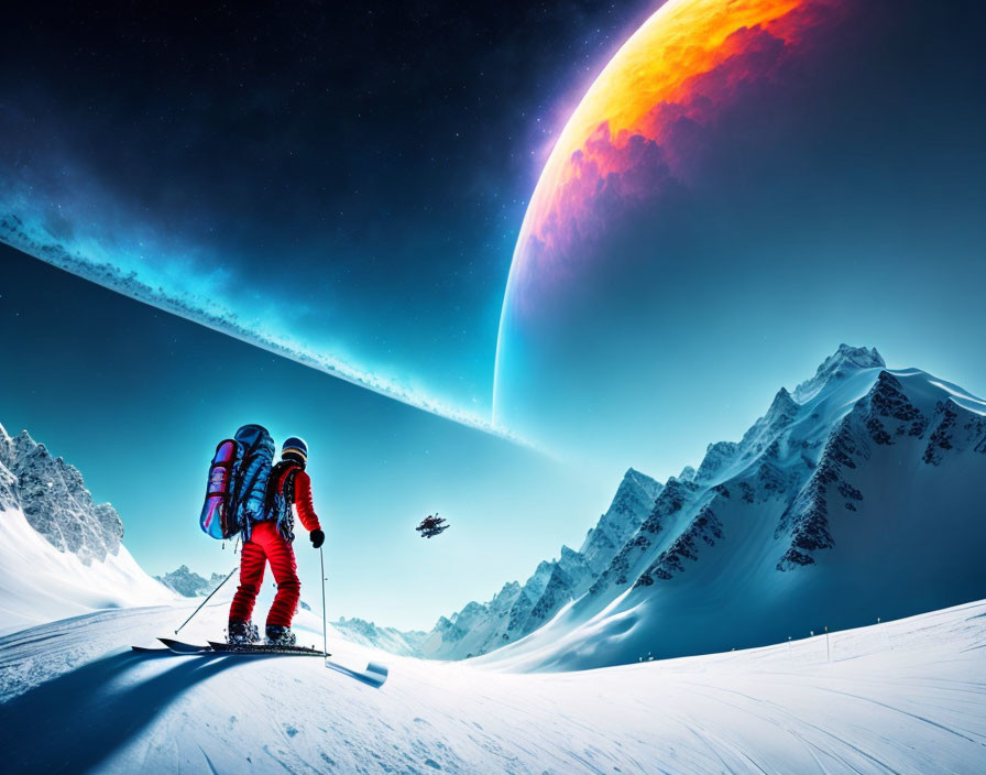 Person snowboarding in red spacesuit with giant planet and spaceship in surreal snowy landscape