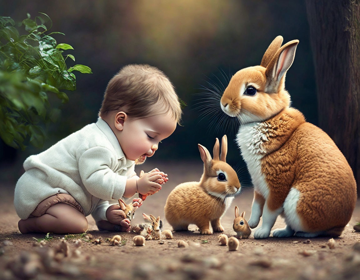 Baby with Large Rabbit and Small Bunny in Tranquil Forest Setting