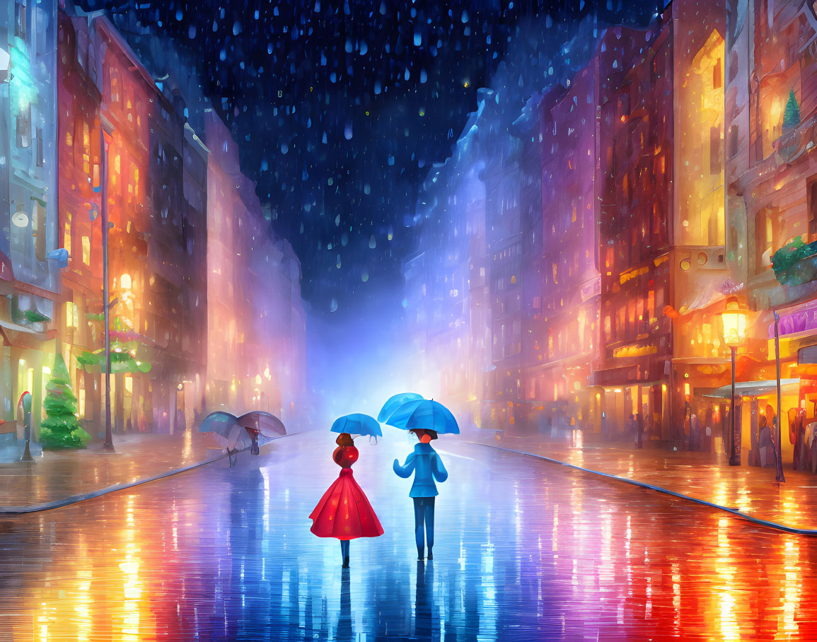 Rainy city street with illuminated colorful lights and two individuals holding umbrellas.