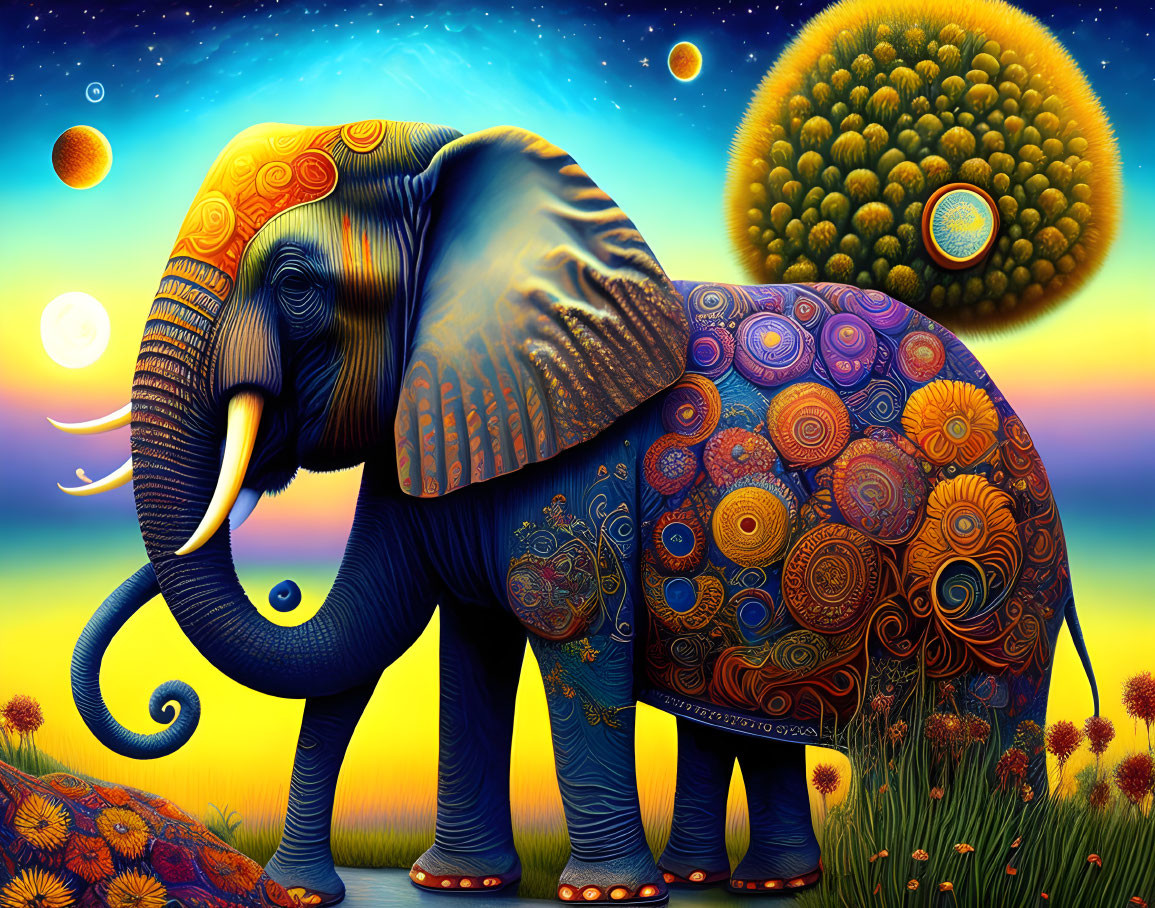 Colorful digital artwork: Elephant with intricate patterns in surreal landscape