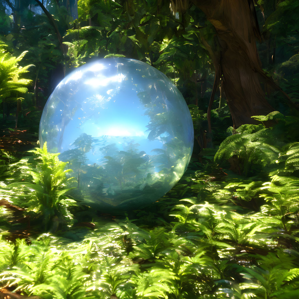 Reflective Egg-Shaped Object in Lush Green Forest with Sunlight Filtering Through Trees