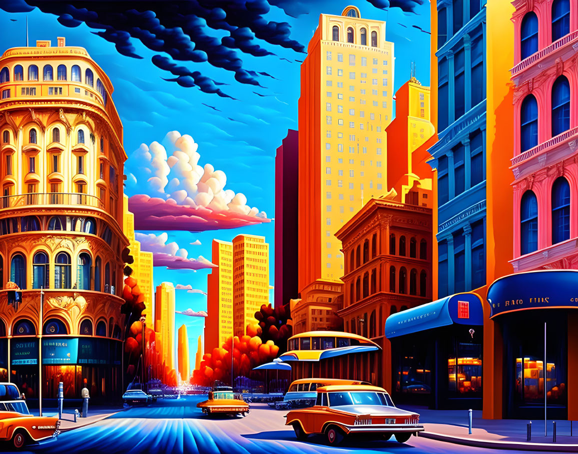 Colorful cityscape at sunset with retro cars, art deco buildings, and dynamic sky.