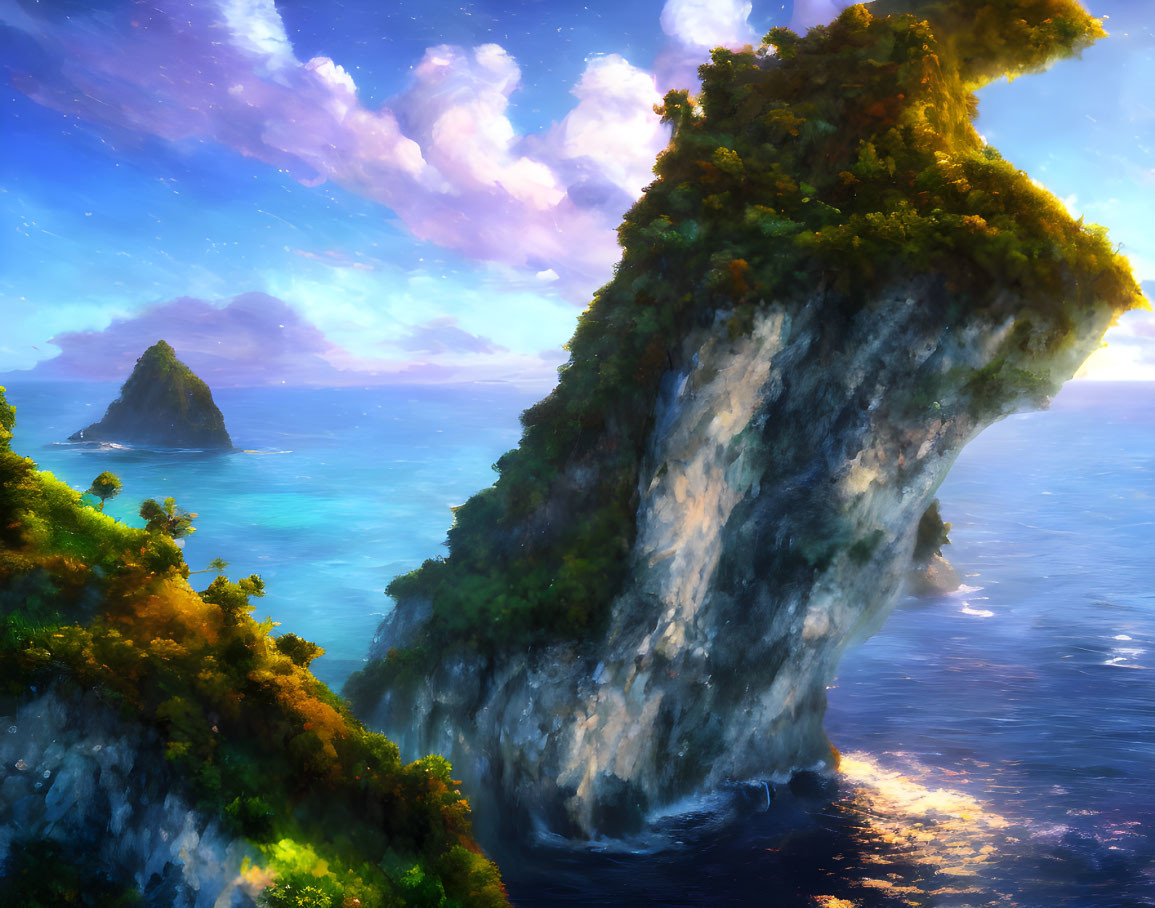 Majestic cliff overlooking lush ocean at sunset