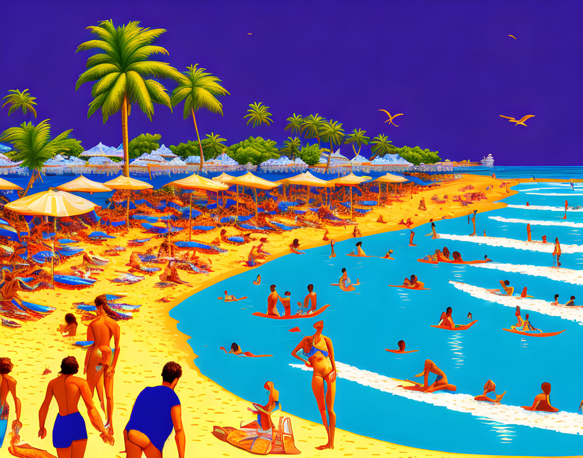 Tropical beach scene with sunbathers and palm trees under purple sky