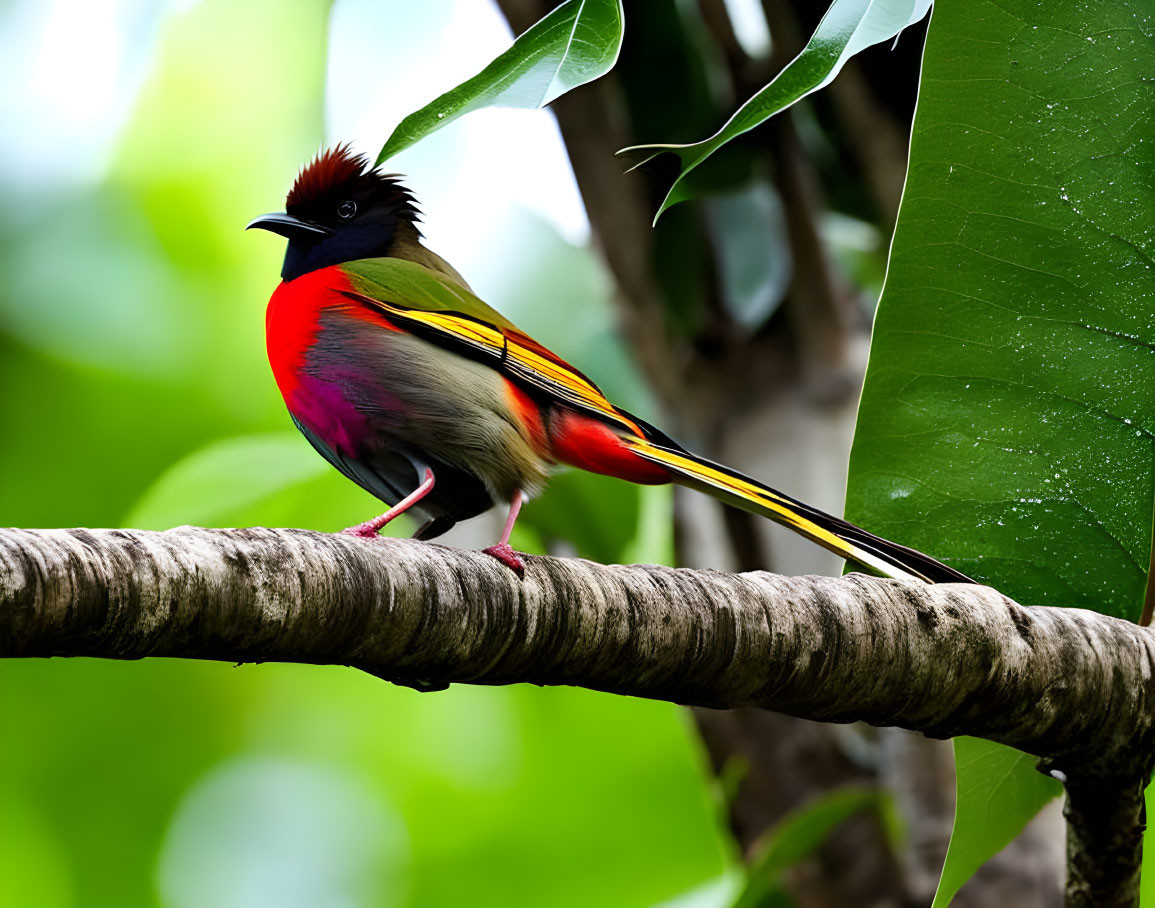 Colorful Bird with Red Crest, Yellow Wings, and Black Mask on Tree Branch