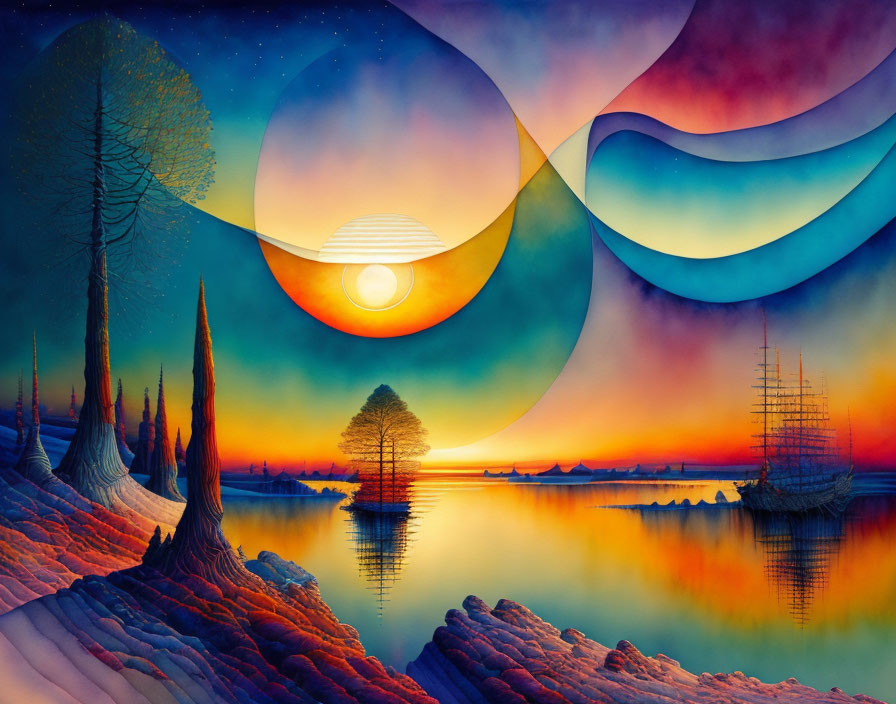 Vibrant surreal landscape: serene lake, pine trees, icebergs, ship, cosmic sky