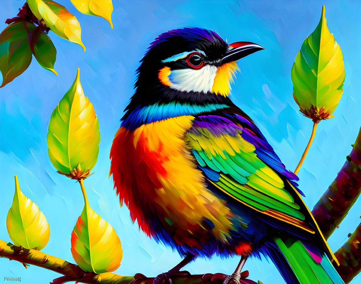 Colorful Bird Painting on Branch with Vibrant Plumage