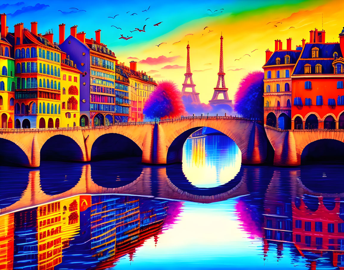 Colorful Paris Illustration: Eiffel Tower, Seine River, Sunset Sky