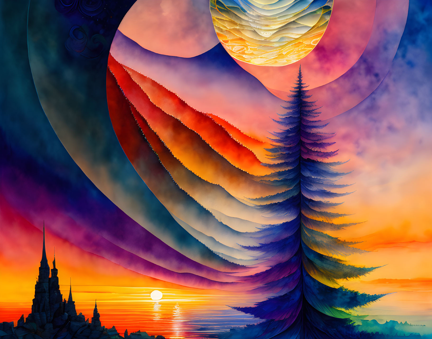 Colorful surreal landscape with tree, hills, castle, sun, moon, and swirls in the