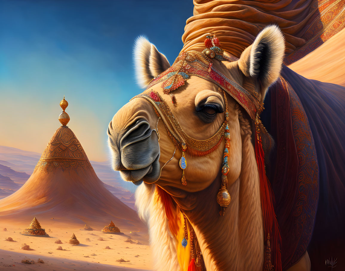 Elaborately adorned camel in desert landscape with dunes and pyramids