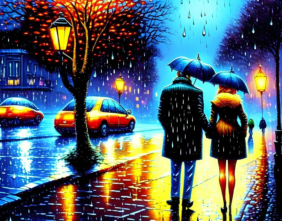 Rainy autumn street scene with two people under umbrellas at dusk