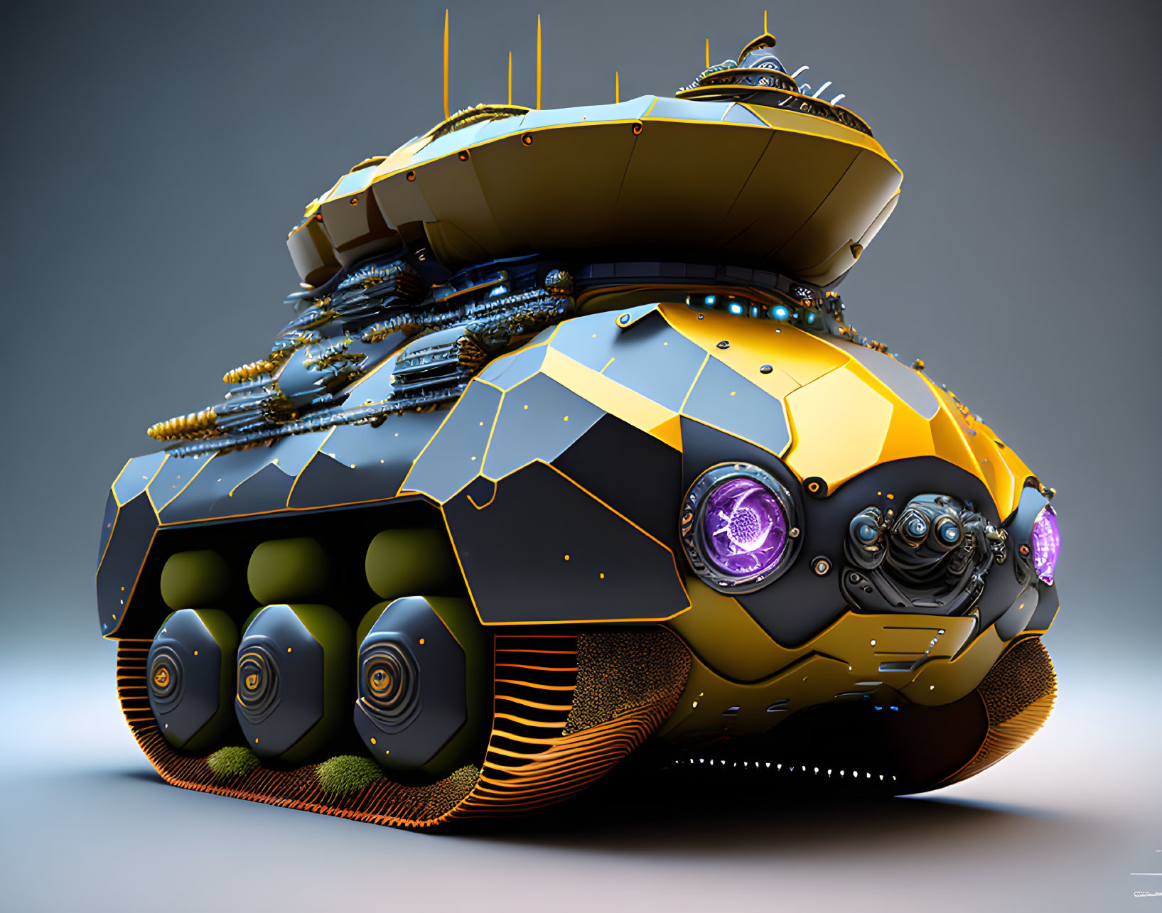 Armored tank with hexagon patterns, yellow and black colors, cannons, purple lights