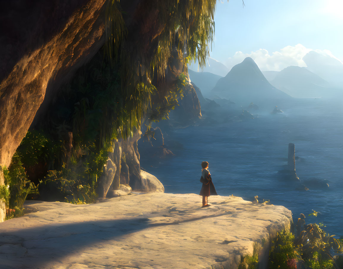 Seaside cliff view: person overlooking calm ocean & distant mountains