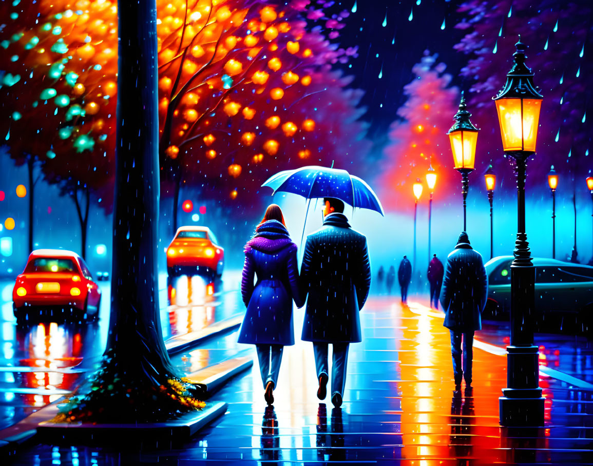 Couple walking under umbrella on rain-soaked street at night