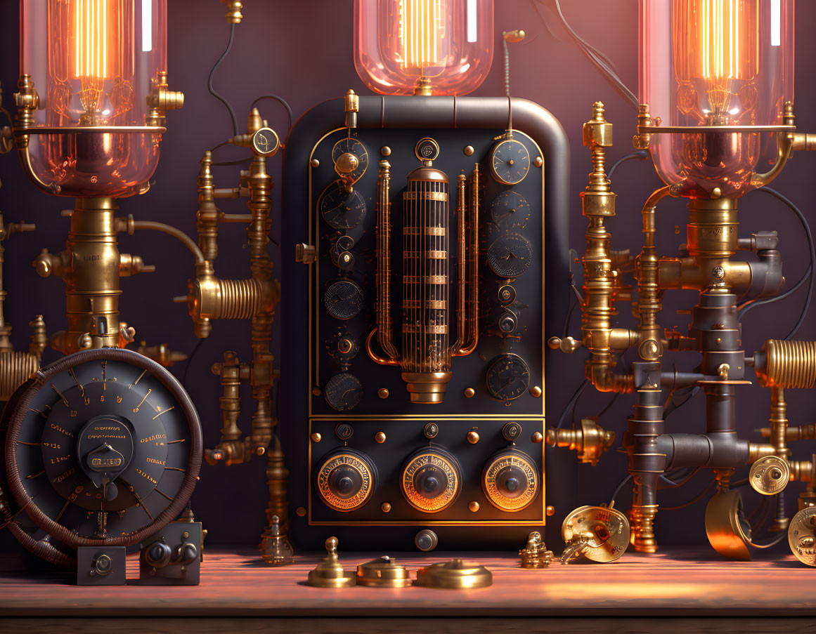 Steampunk-themed setup with ornate pipes, valves, dials, gauges, and glowing