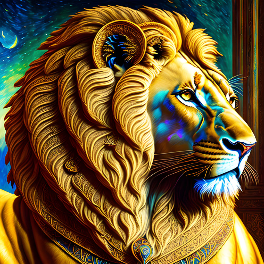 Majestic lion portrait with golden mane and blue face.