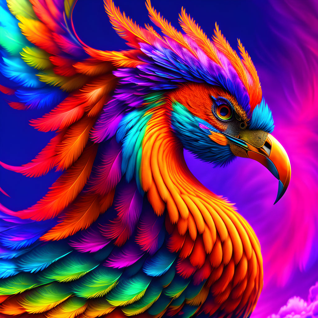 Colorful mythical bird illustration on dynamic background