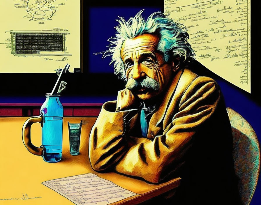 Illustration of man with wild hair surrounded by scientific equations and soda siphon on table