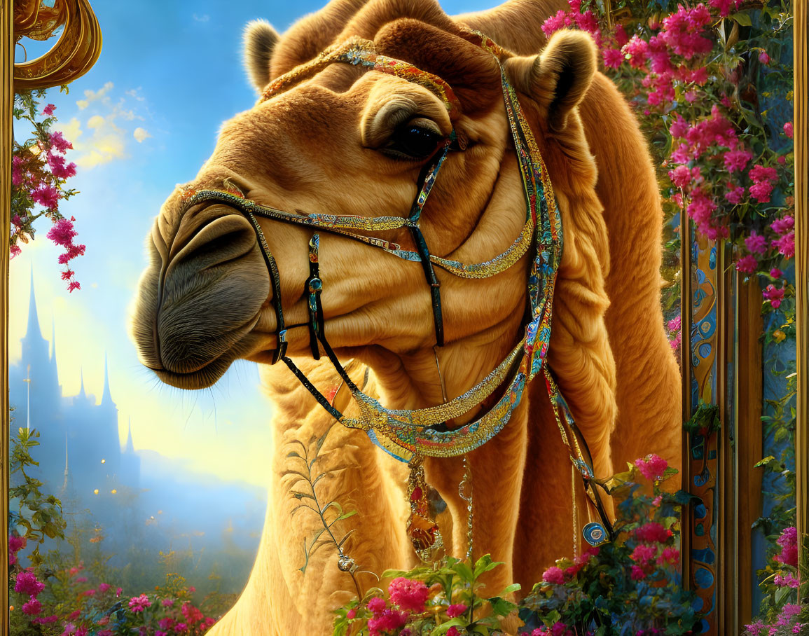 Adorned Camel with Beading and Tassels on Floral Backdrop