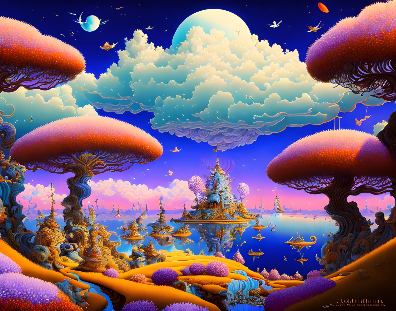 Surreal landscape with mushroom-like trees, crystal temple, flying fish, moon, and clouds