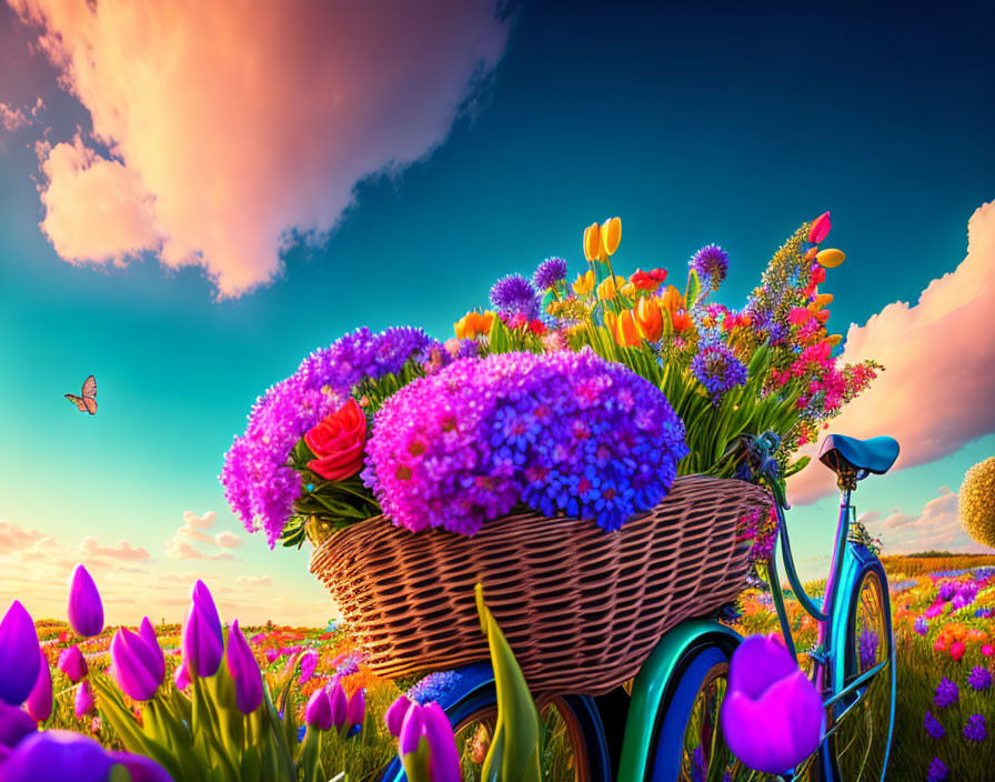 Colorful flower basket on bicycle in tulip field with butterfly under picturesque sky