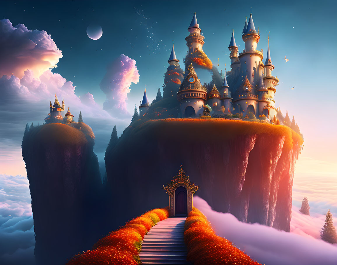 Fantastical castle on floating islands under twilight sky