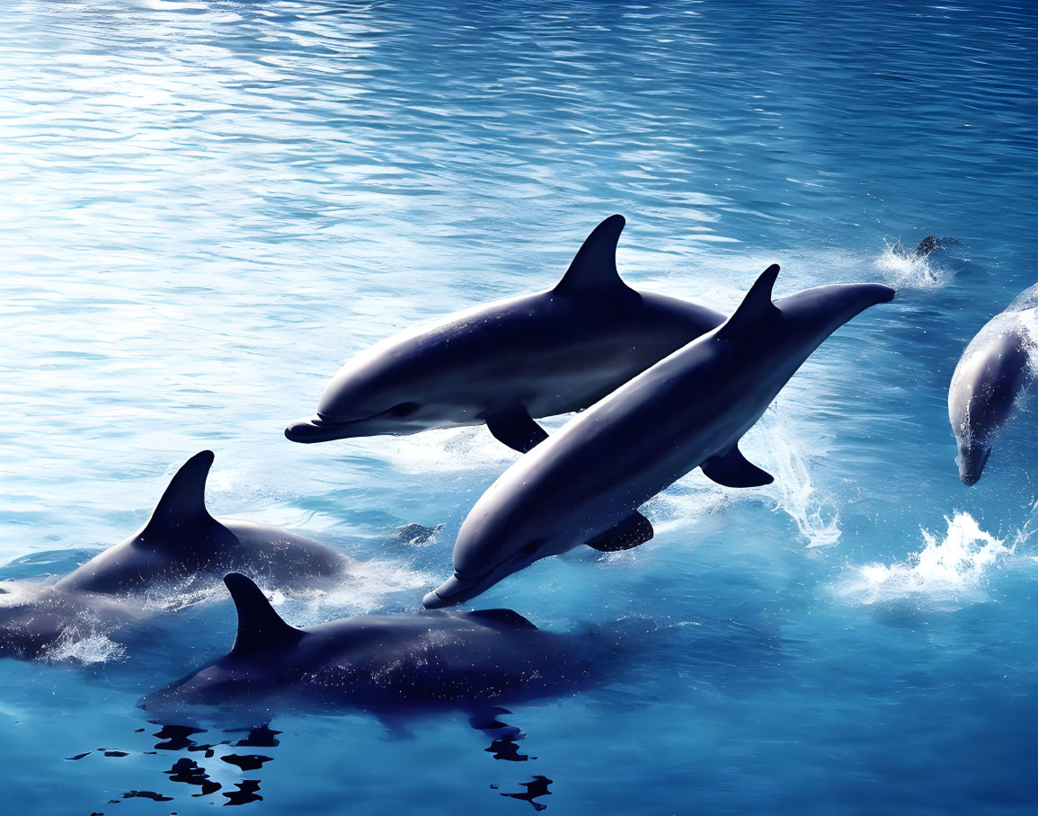 Pod of Dolphins Swimming Gracefully in Blue Ocean Waters