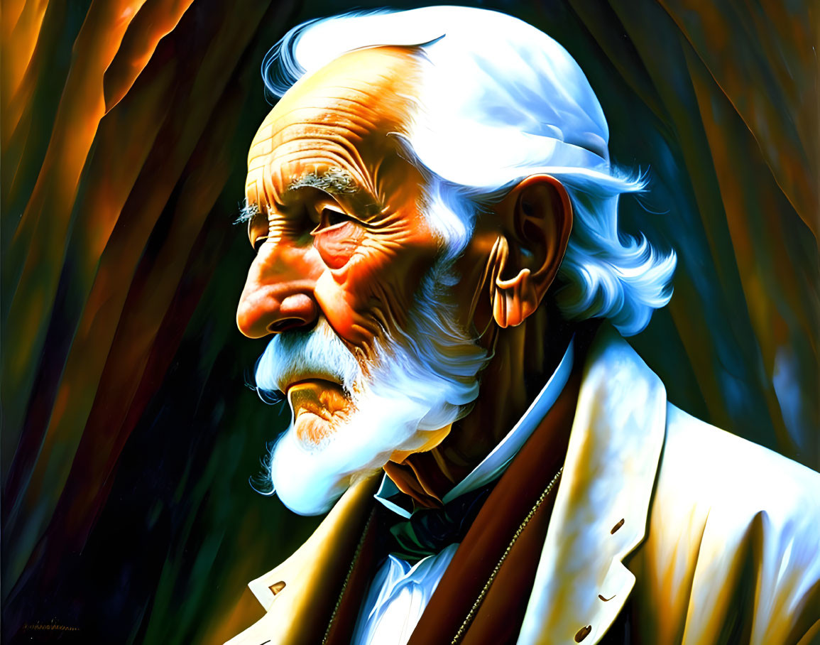 Detailed illustration of elderly man in bow tie and coat on vibrant background