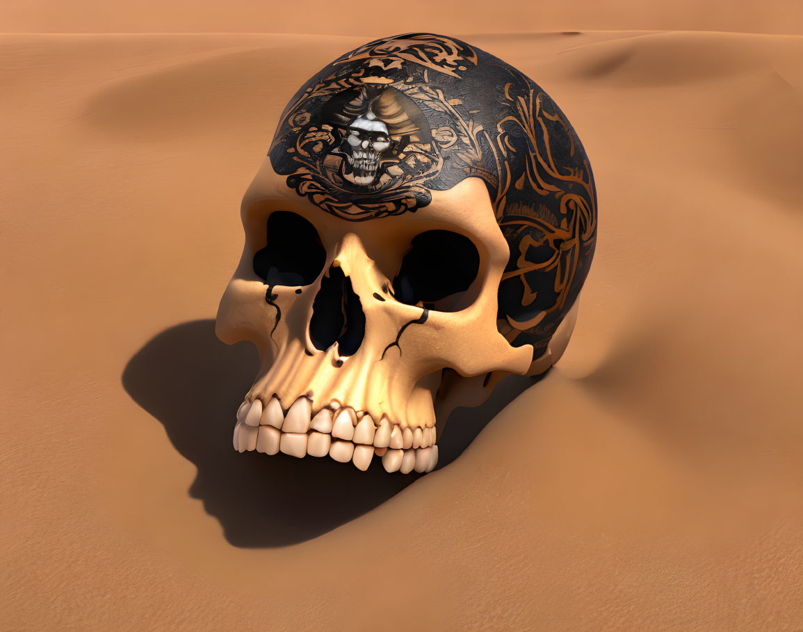 Intricately tattooed pirate skull on sandy surface