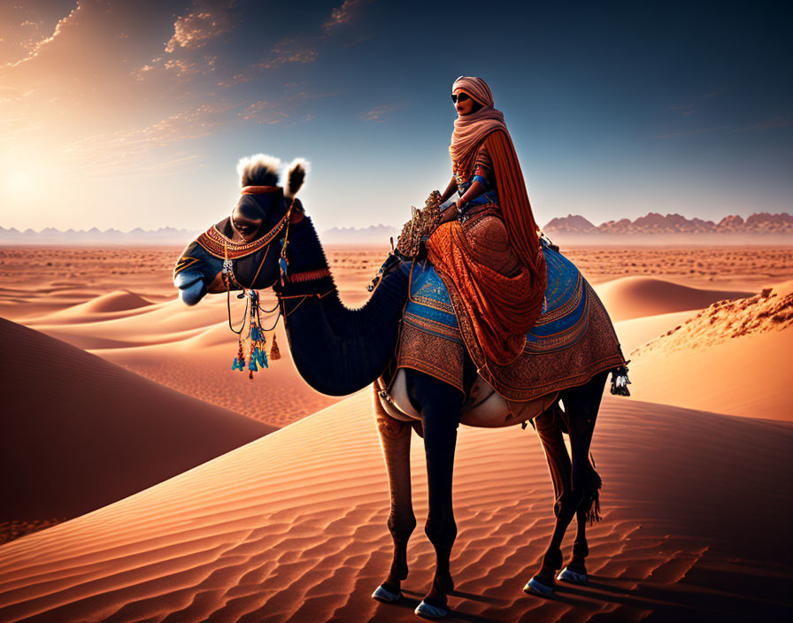 Person in traditional attire riding camel through rolling sand dunes at sunset