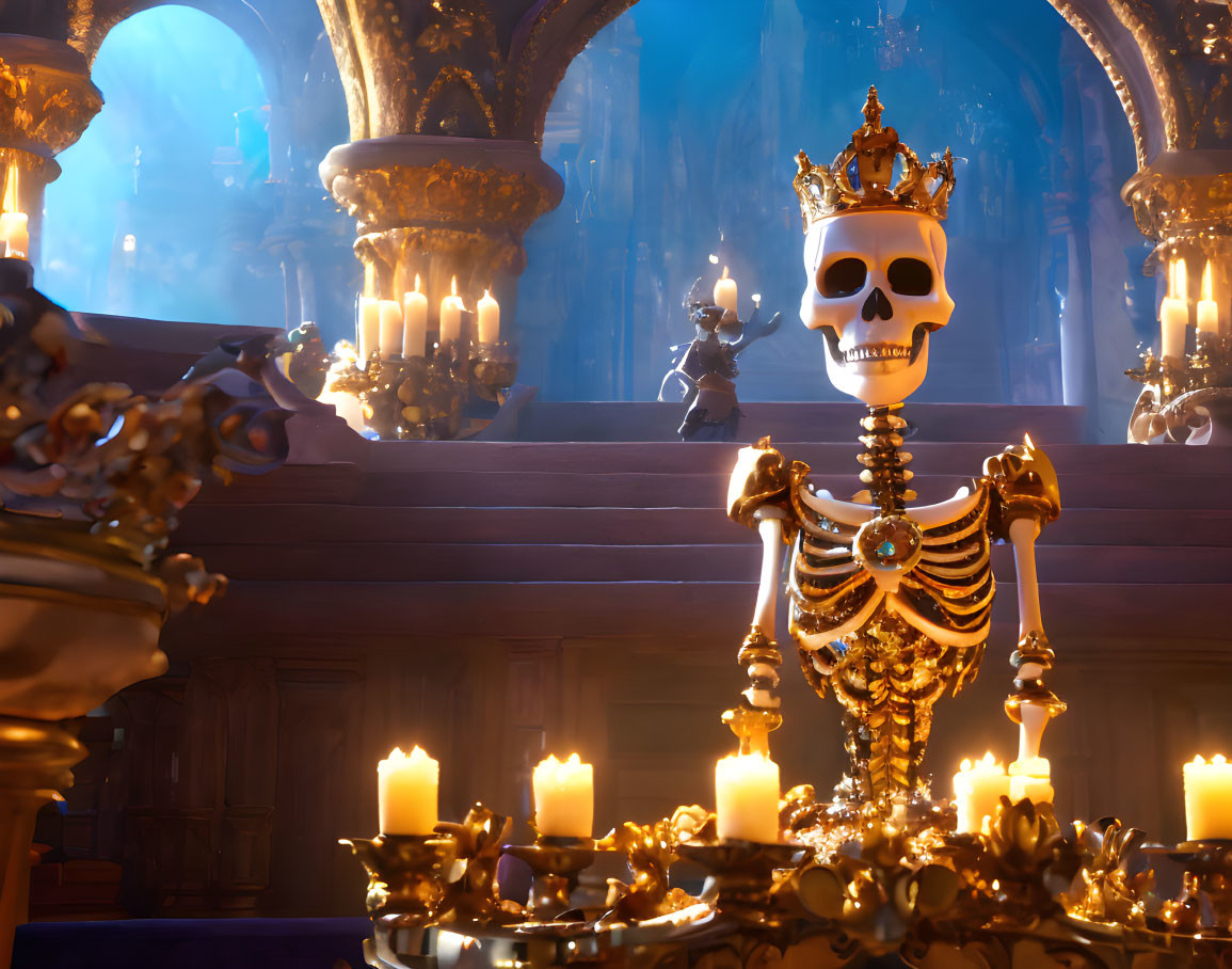 Regal skeleton with crown and jewels on throne in grand hall