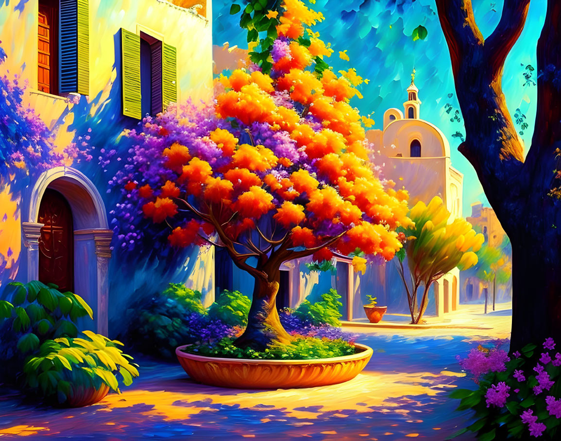 Vibrant street scene with blooming tree and sunset ambiance