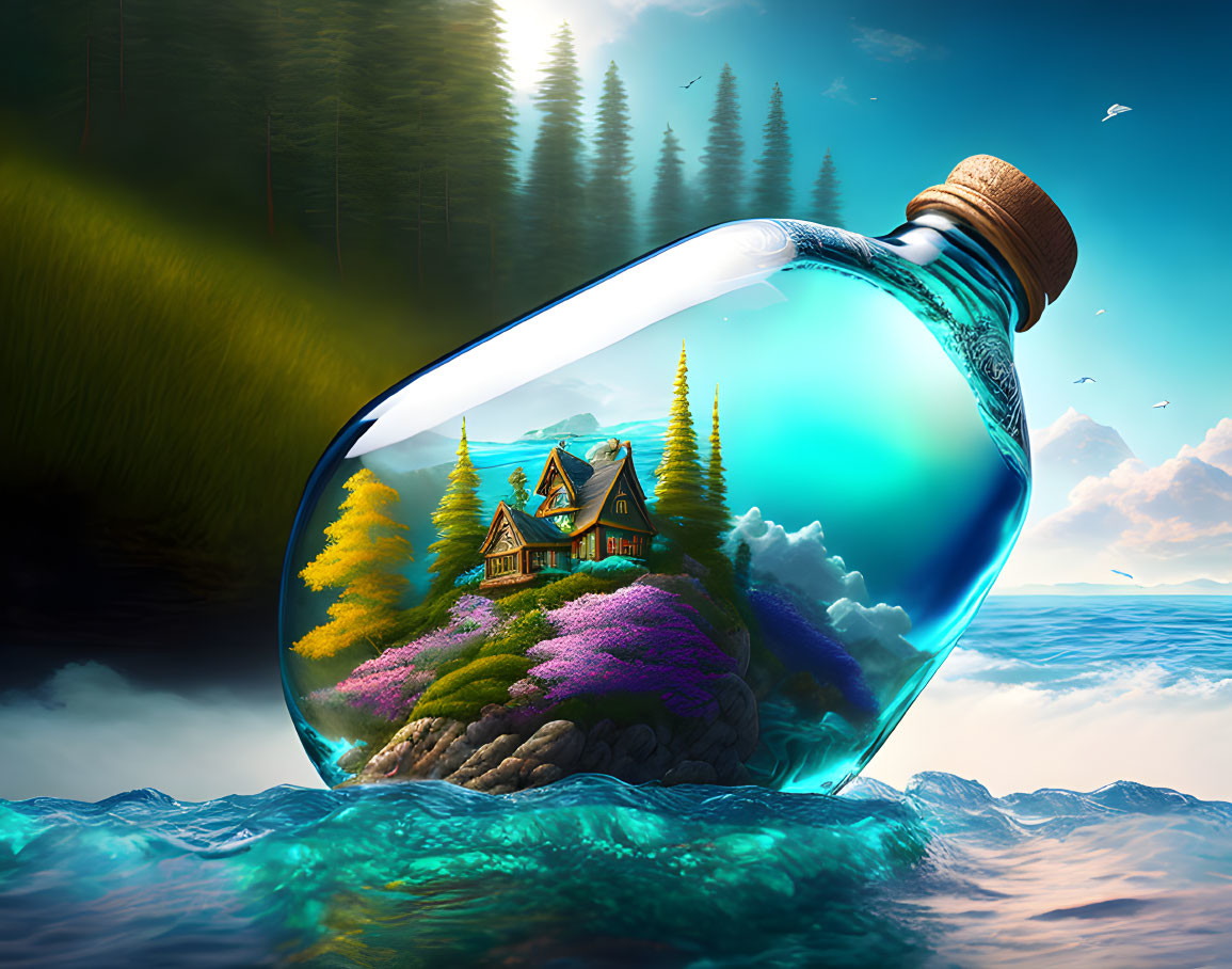 Illustration of cabin and trees in glass bottle on serene ocean.