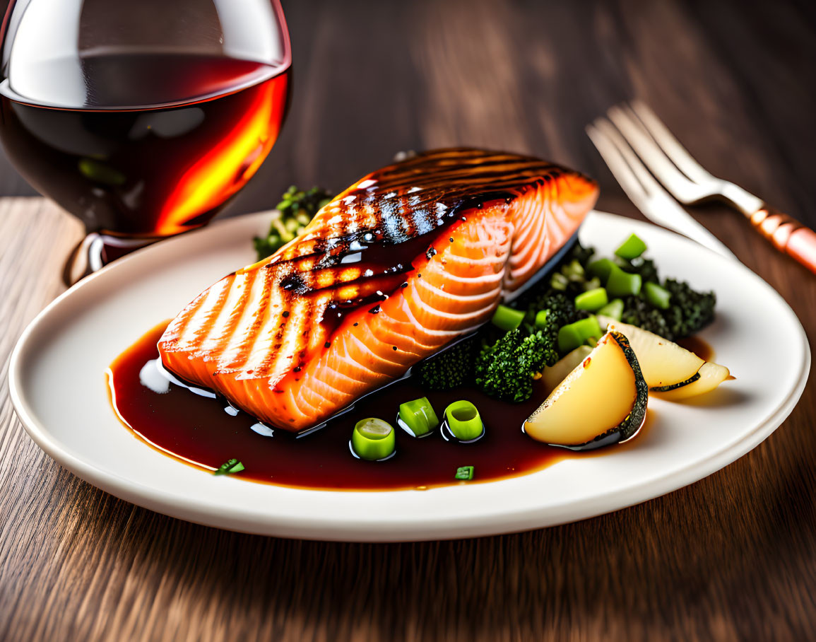 Grilled Salmon Fillet with Glaze, Broccoli, Lemon, Scallions, and Red