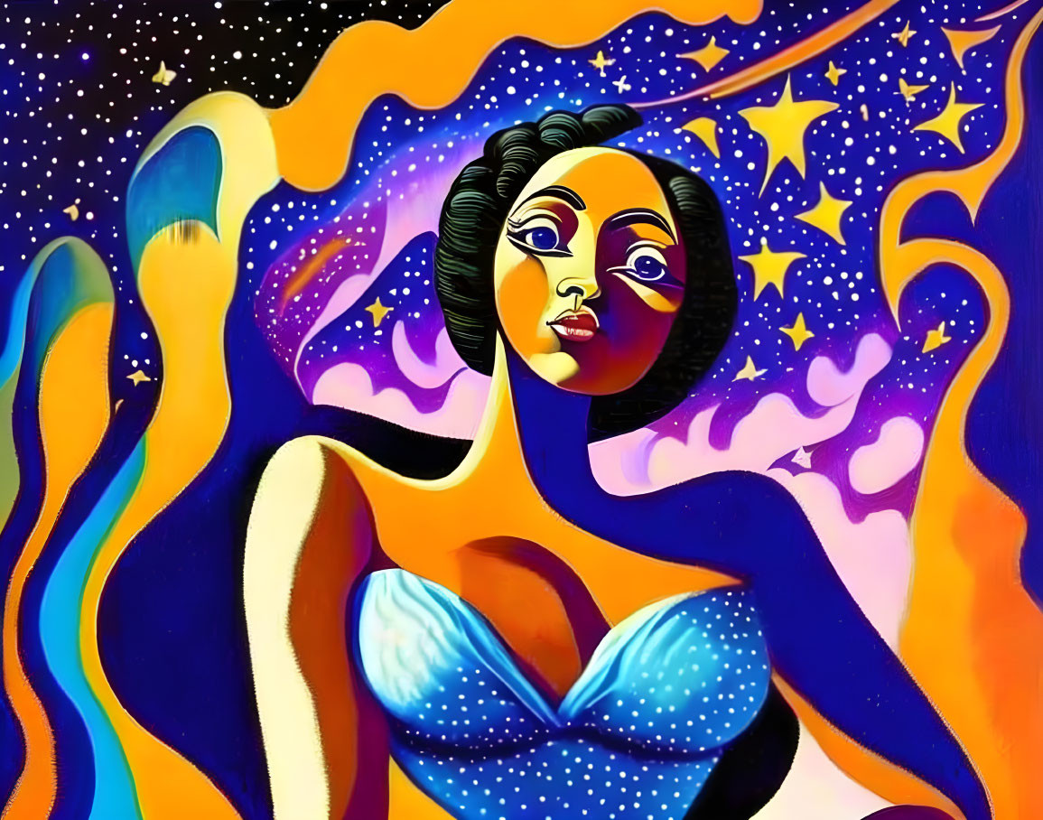 Vibrant artwork: stylized woman with dark hair in cosmic setting