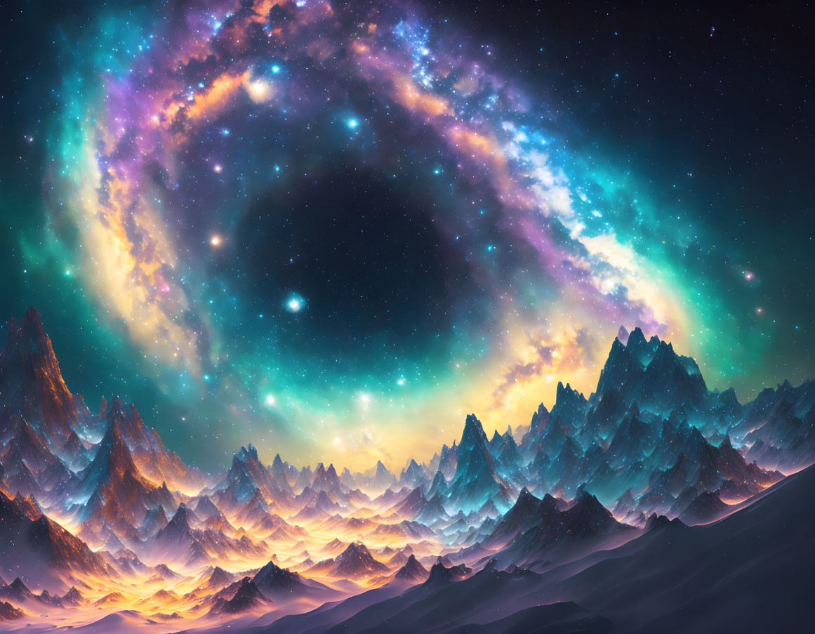 Colorful cosmic nebula above snow-dusted mountain range