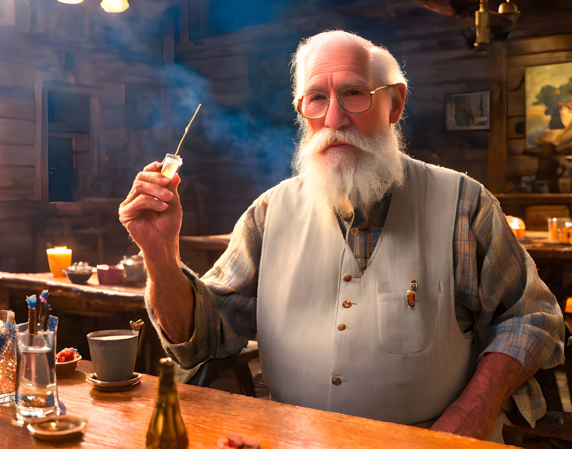 Elderly man with white beard painting in cozy cabin